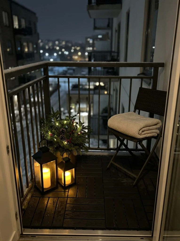 Battery-powered Christmas lanterns create a cozy holiday balcony in a small apartment.