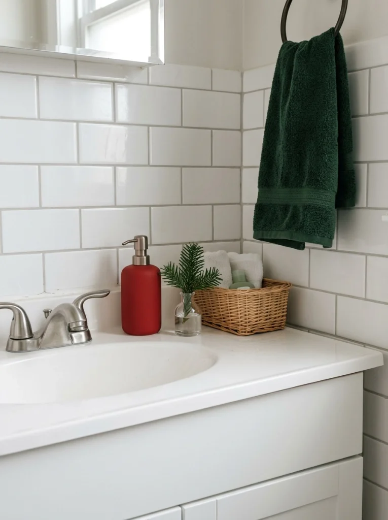 Small Christmas accents add holiday charm to an apartment bathroom without cluttering the vanity.