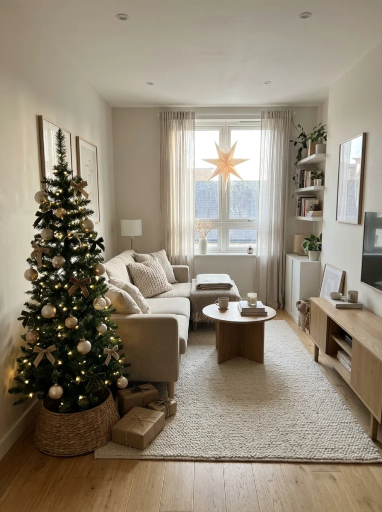 A slim Christmas tree beside a sofa creates a space-saving apartment Christmas decor idea.