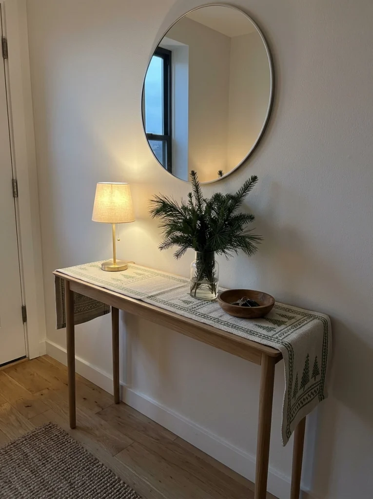 A Christmas table runner adds seasonal color to a narrow apartment console table.
