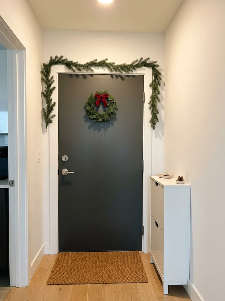A slim evergreen garland around an apartment front door adds Christmas charm without taking floor space.