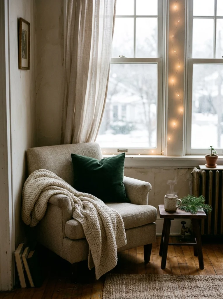 A Christmas reading nook combines soft textiles and warm lighting in a small apartment.