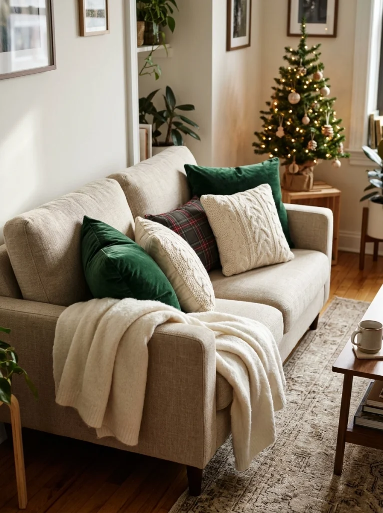 Seasonal Christmas pillow covers update a small apartment sofa without bulky extra decor.