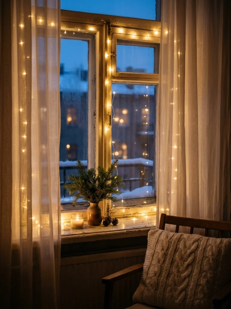 Warm white fairy lights around apartment windows create a cozy Christmas atmosphere.
