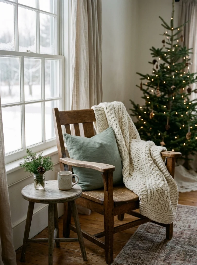 Cozy farmhouse Christmas living room with a chunky knit blanket and a rustic reading chair.