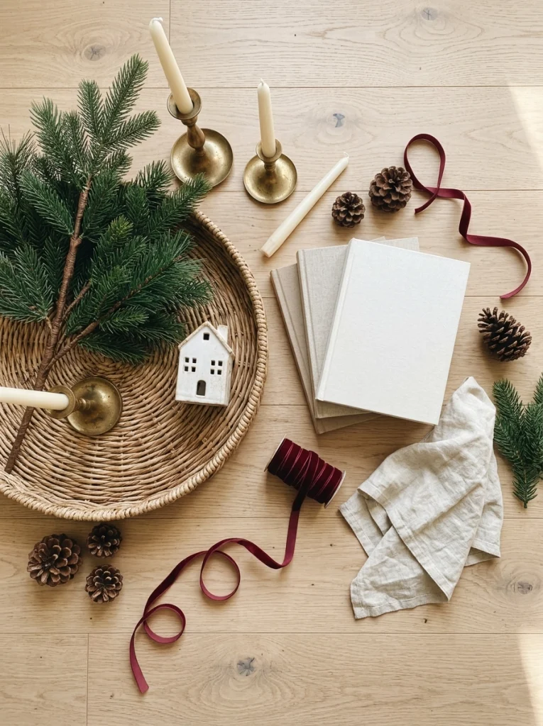 Affordable materials for styling a Christmas coffee table with greenery, candles, books, and seasonal accessories.