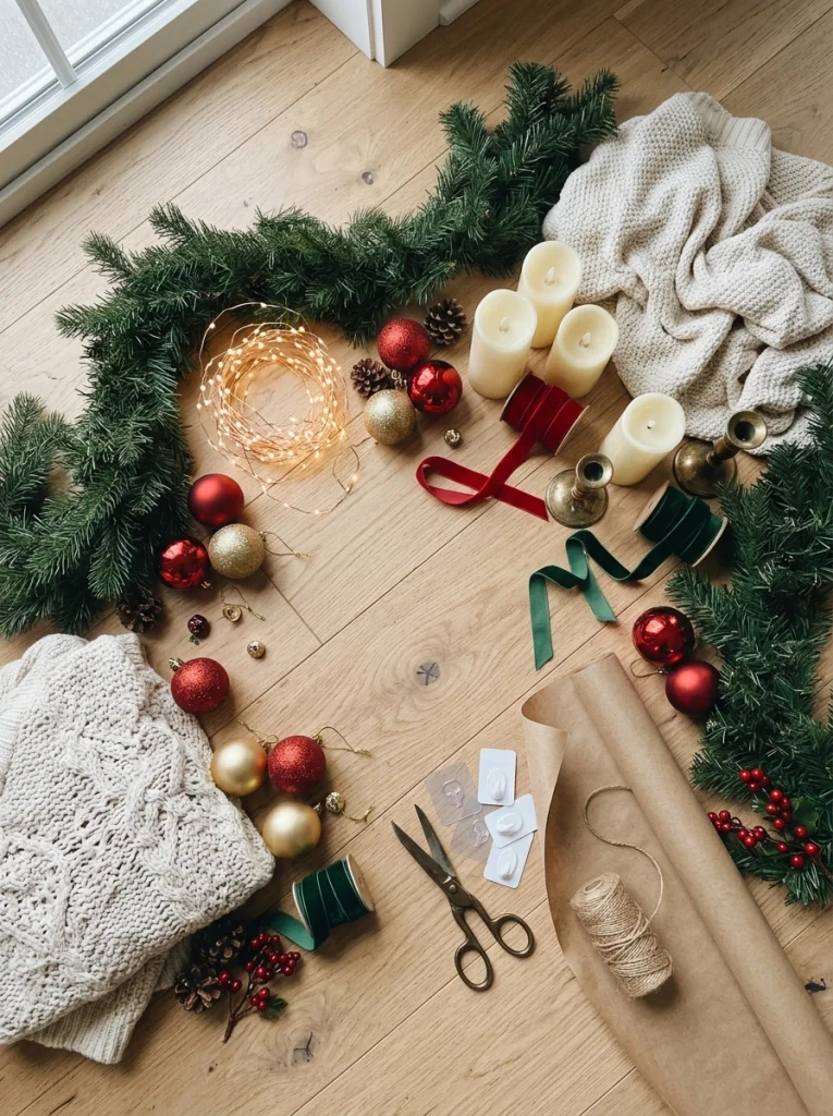 Christmas home decorating supplies for a cozy living room, including greenery, warm lights, ornaments, and neutral textiles.