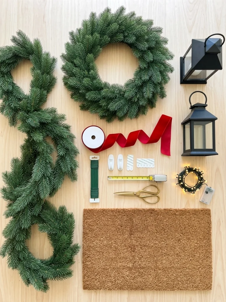 Christmas front door decorating supplies including an evergreen wreath, garland, red ribbon, and outdoor hooks.