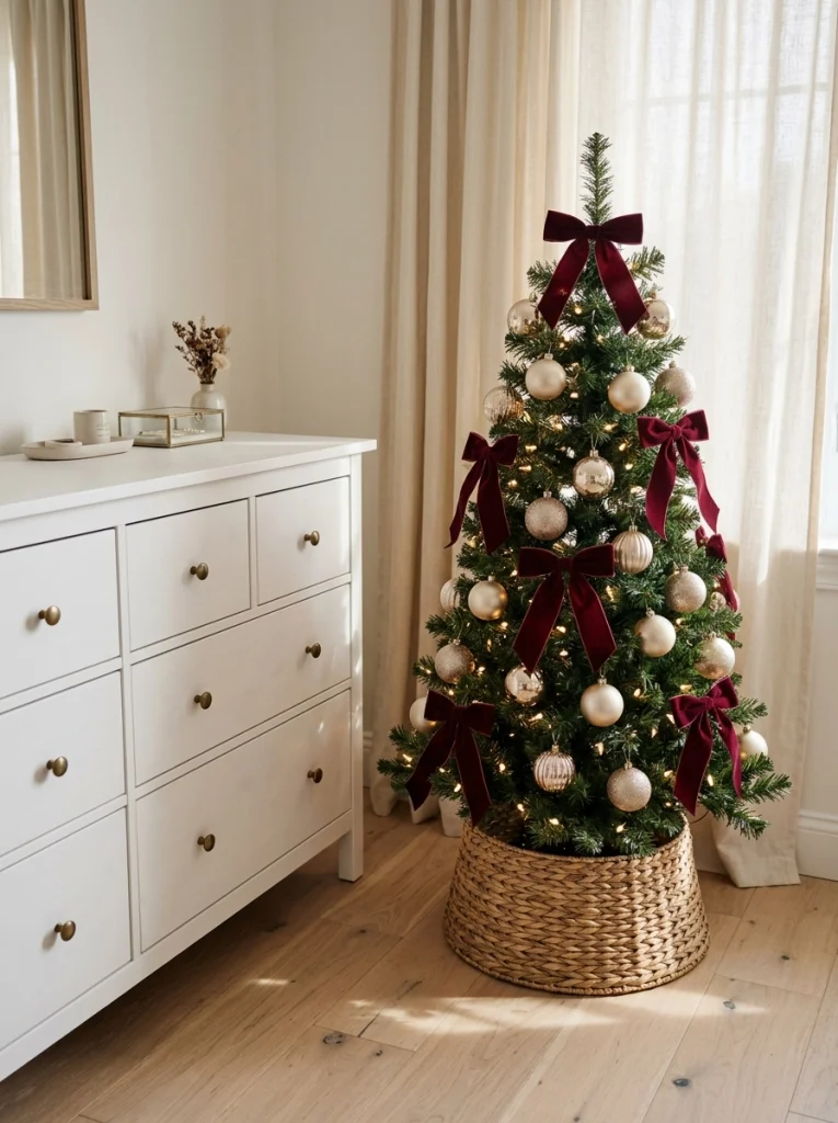 A miniature Christmas tree beside a bedroom dresser adds festive charm without crowding the room.