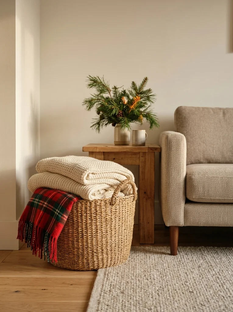 A thrifted basket filled with cozy blankets adds affordable Christmas decor to the living room.
