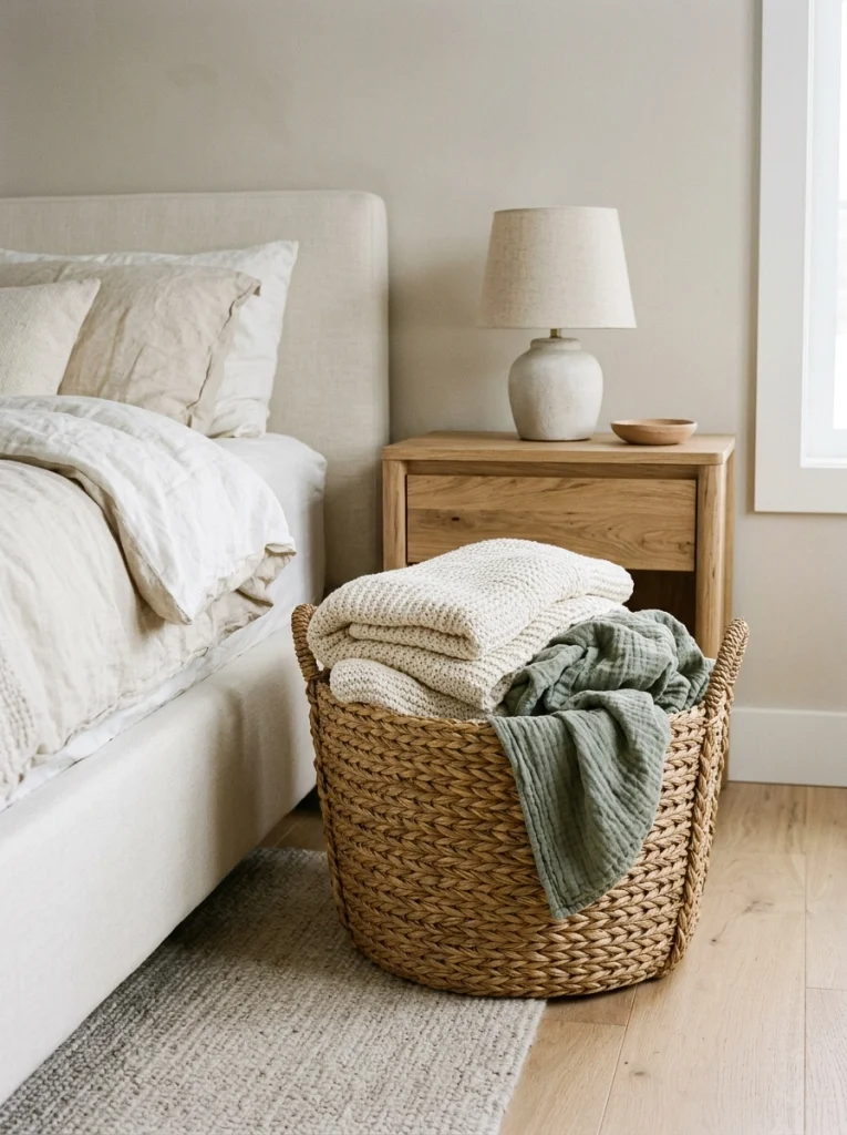 A woven blanket basket adds cozy Christmas bedroom styling and useful storage.