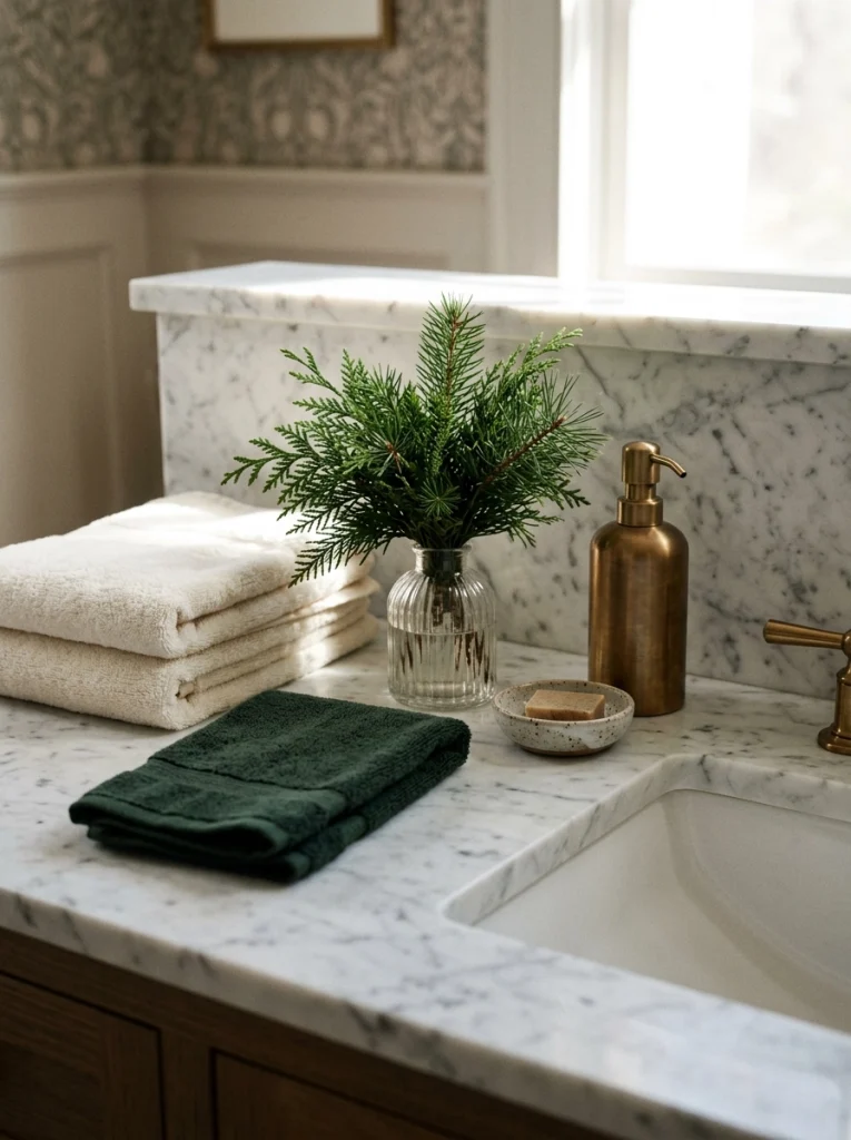 Luxury Christmas bathroom decor with ivory towels, evergreen branches, and brass accessories.