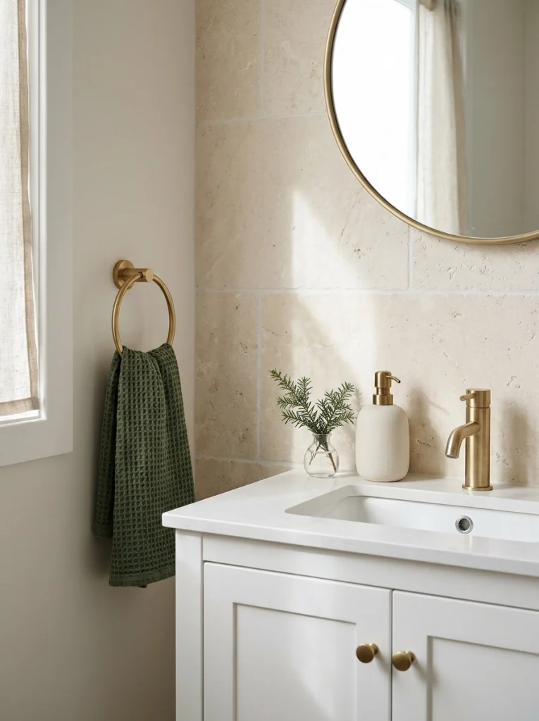 Christmas bathroom decor with green hand towels, evergreen branches, and simple ceramic accessories.
