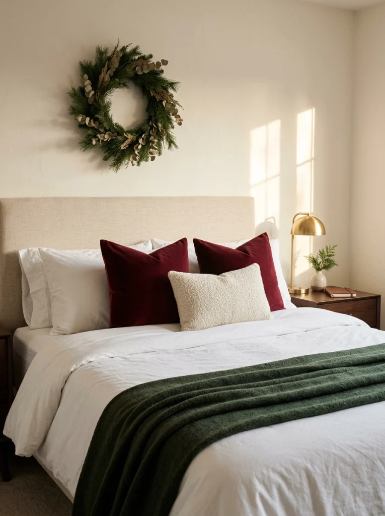 Burgundy velvet pillows add a rich Christmas accent to a neutral bedroom.