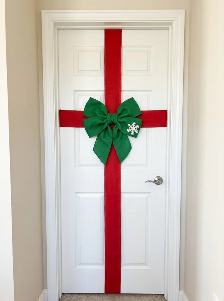 A child's bedroom door styled like a giant red and green Christmas present.