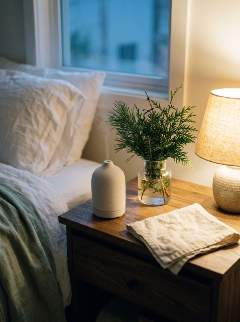 A subtle seasonal scent and soft lighting complete a cozy Christmas bedroom atmosphere.