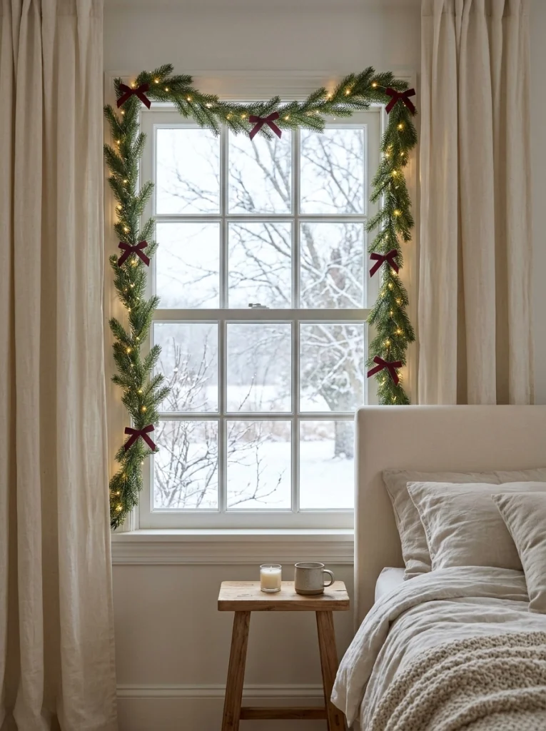 An evergreen window garland with warm lights creates a festive bedroom focal point.