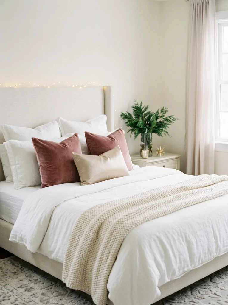 Dusty rose and champagne accents create a soft, elegant Christmas bedroom color palette.