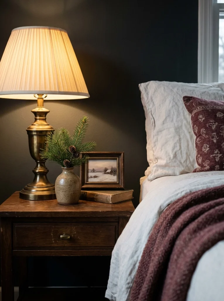 A vintage-style bedside lamp adds warm nostalgic charm to Christmas bedroom decor.