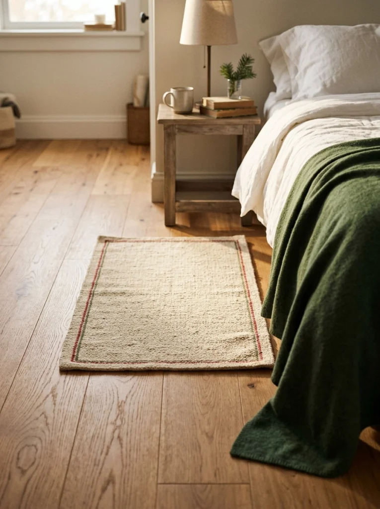 A small patterned rug adds subtle Christmas color beside a cozy bedroom bed.
