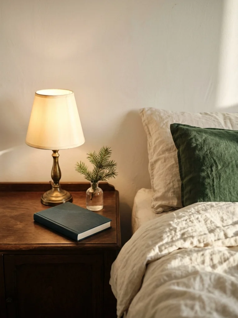 Warm bedside lighting creates a peaceful atmosphere for aesthetic Christmas bedroom decor.