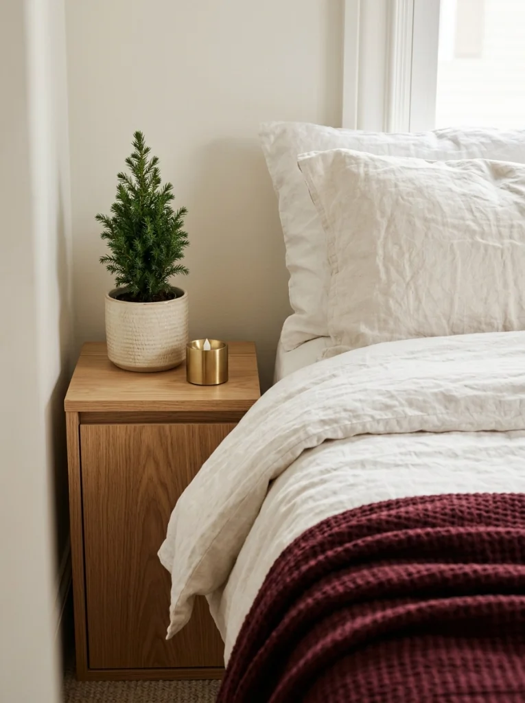 Simple Christmas bedroom decor adds seasonal warmth to a small apartment sleeping space.