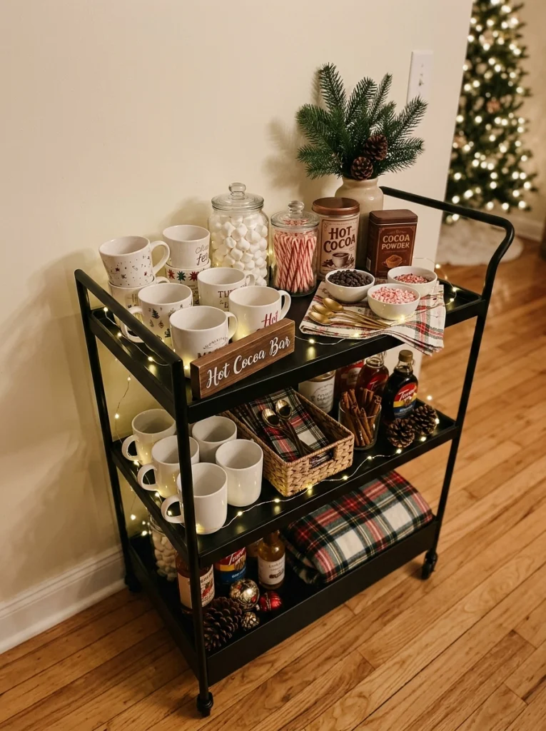Christmas home decor ideas for a hot cocoa station with festive mugs, marshmallows, and warm lights.