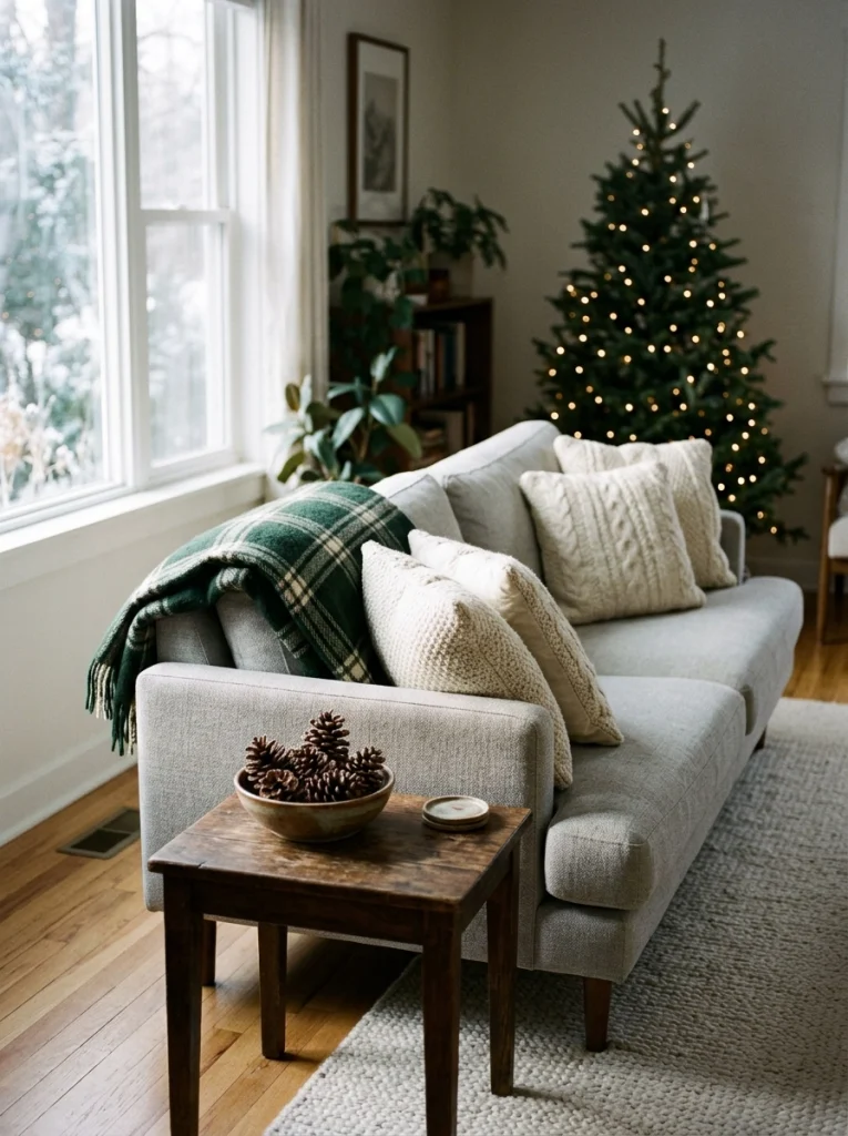 Traditional Christmas living room decor with a tartan throw, cream pillows, and a softly lit Christmas tree.