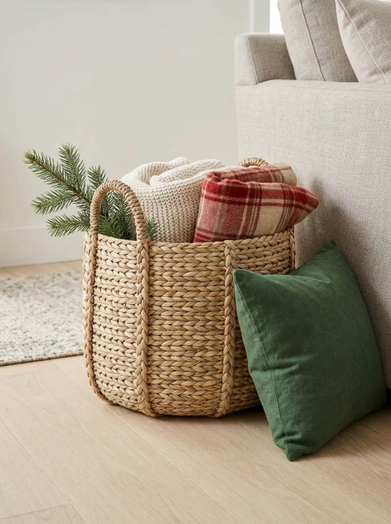 Christmas living room decor with a woven blanket basket, plaid throws, and a green seasonal cushion.