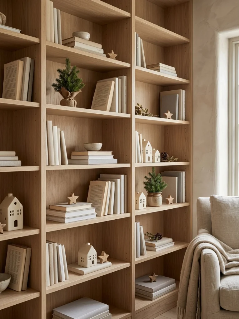 Christmas bookshelf decor with miniature trees, ceramic houses, and neutral book styling.