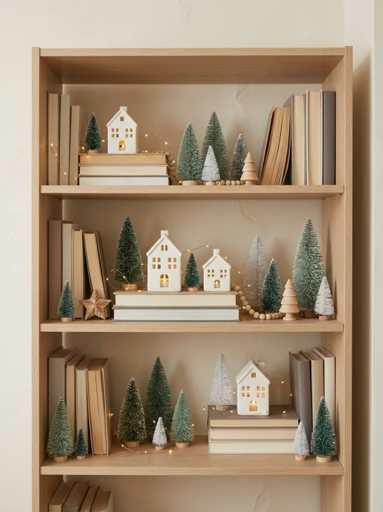 A miniature Christmas village turns ordinary apartment bookshelves into festive holiday decor.