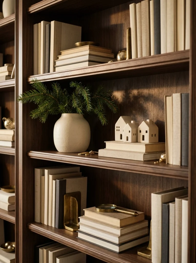 Luxury Christmas bookshelf decor with neutral books, brass accessories, and evergreen branches.