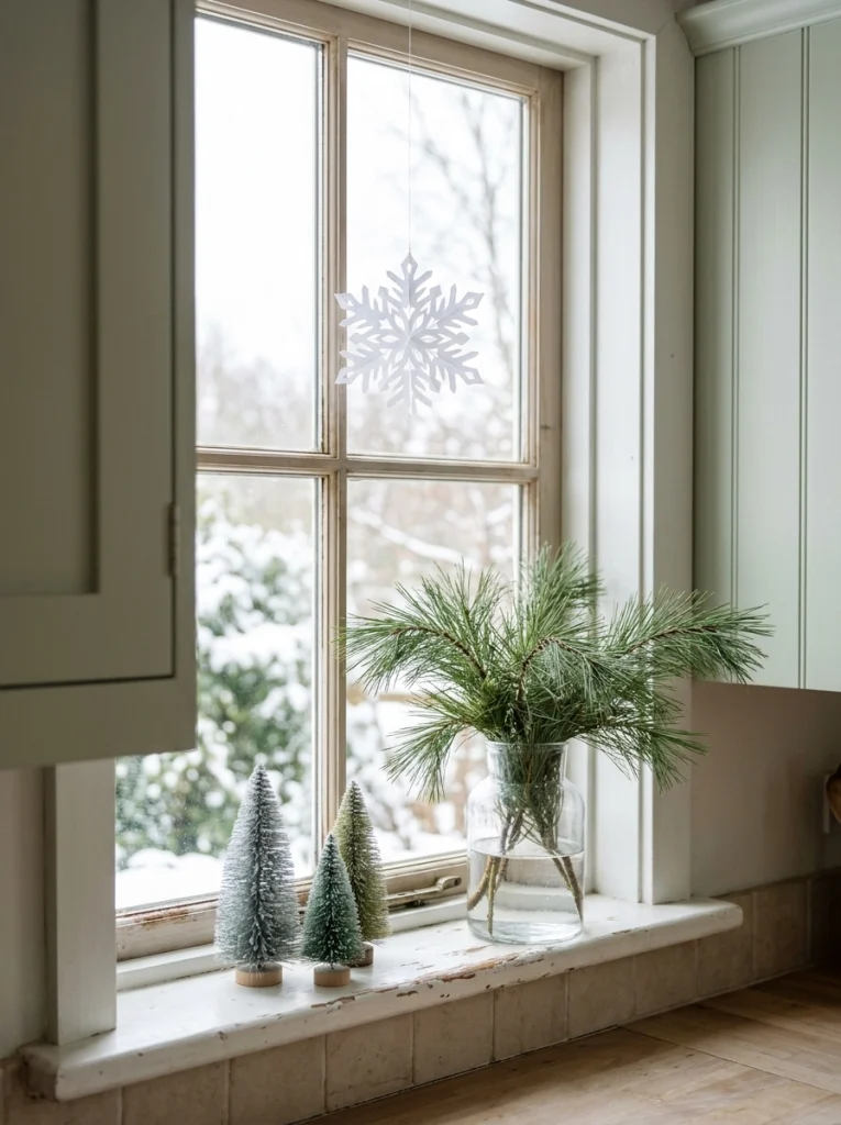 Christmas kitchen window decorated with miniature trees, pine branches, and a hanging snowflake.