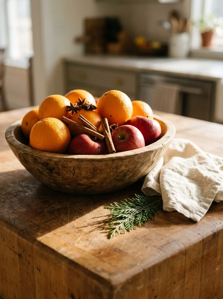 Christmas kitchen centerpiece with oranges, apples, cinnamon sticks, and natural evergreen accents.