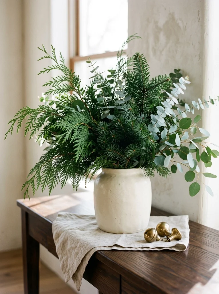 Natural evergreen branches in a ceramic vase for understated luxury Christmas home decor.