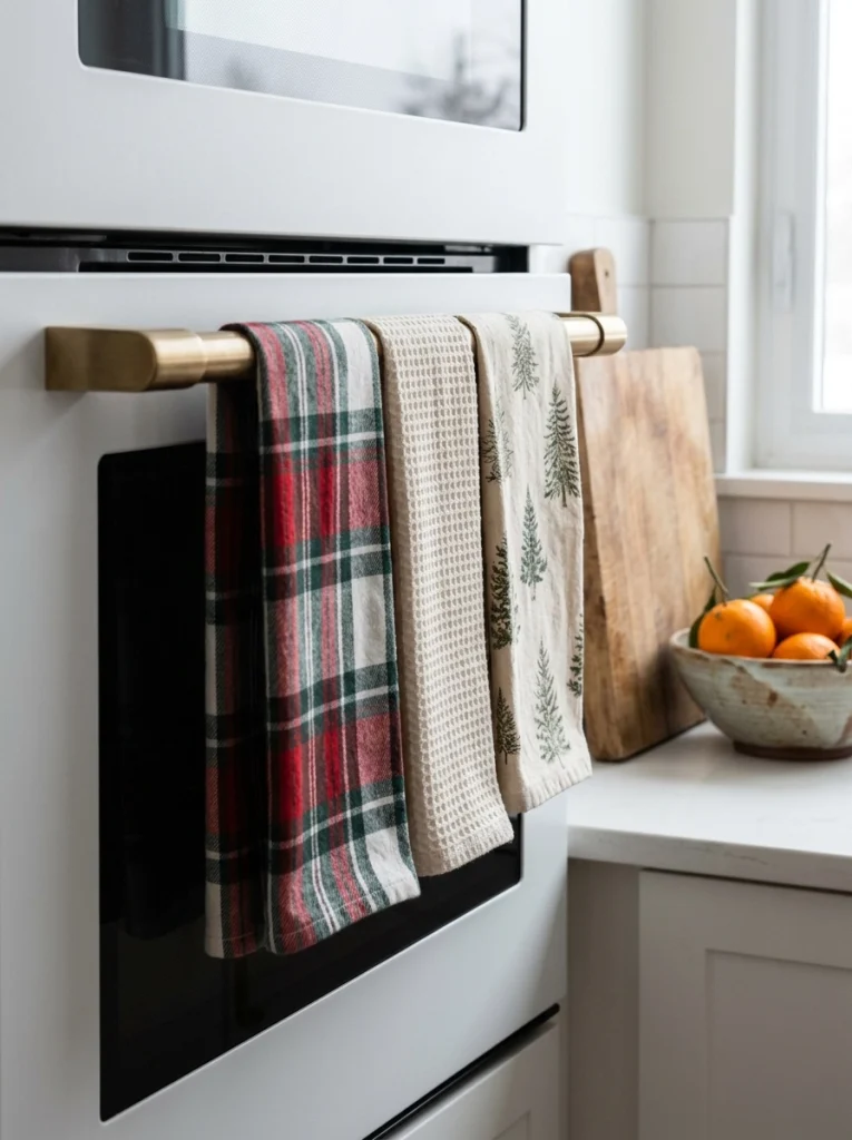 Red plaid and evergreen-print Christmas kitchen towels hanging from a brass oven handle.