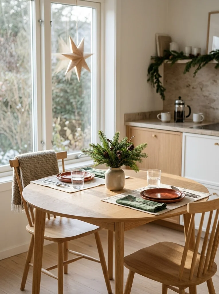 Christmas breakfast table with red plates, green napkins, cream placemats, and evergreen greenery.