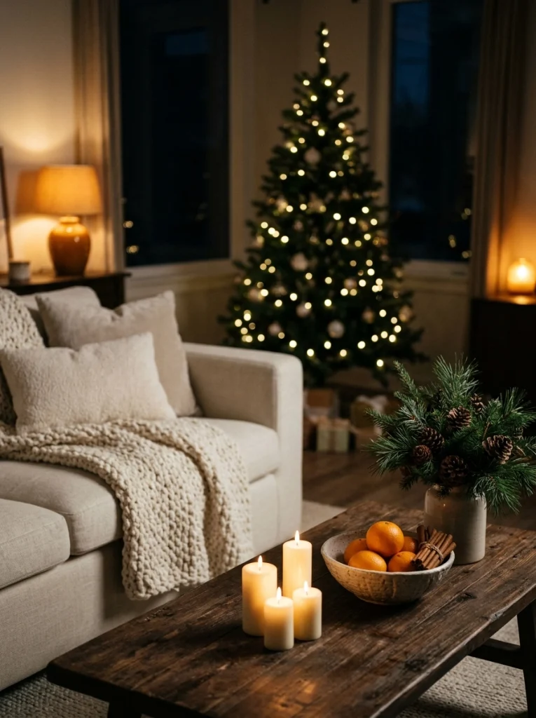 Warm Christmas living room decor with amber lighting, evergreen branches, oranges, cinnamon sticks, and cozy textiles.