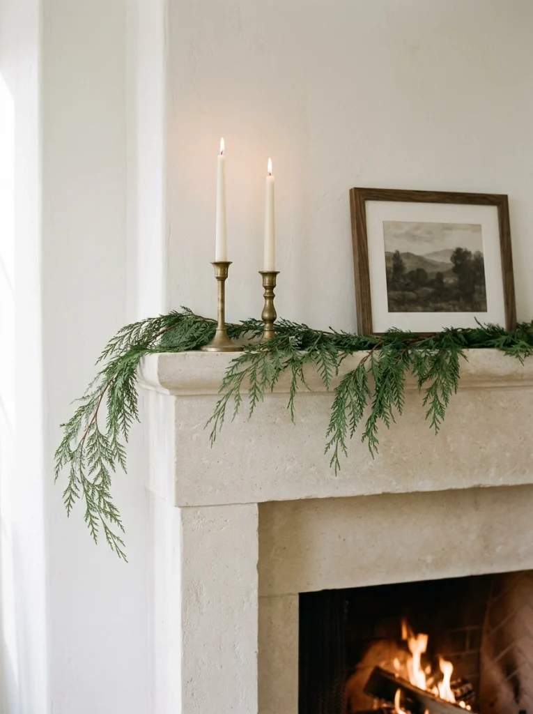 A minimalist Christmas mantel with a sparse cedar garland, brass candleholders, and neutral seasonal accents.