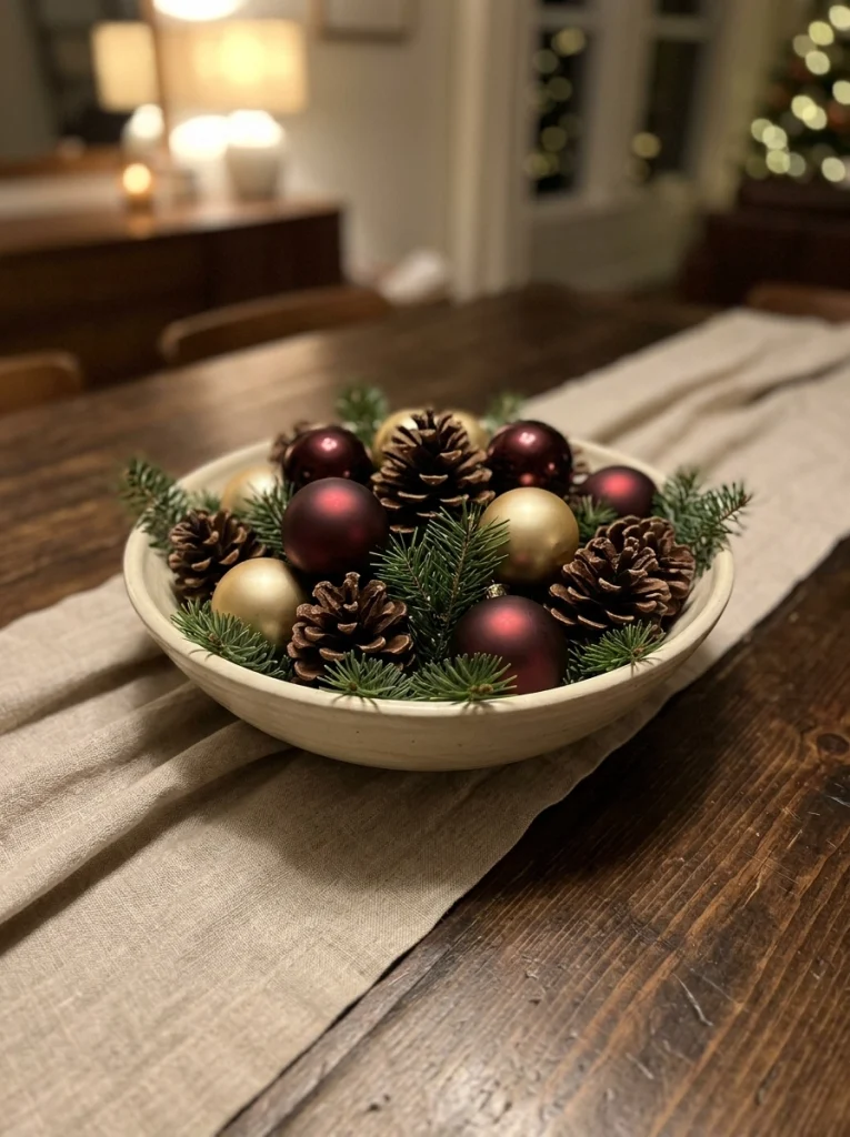 Pinecones and inexpensive ornaments make a simple budget Christmas home decor centerpiece.