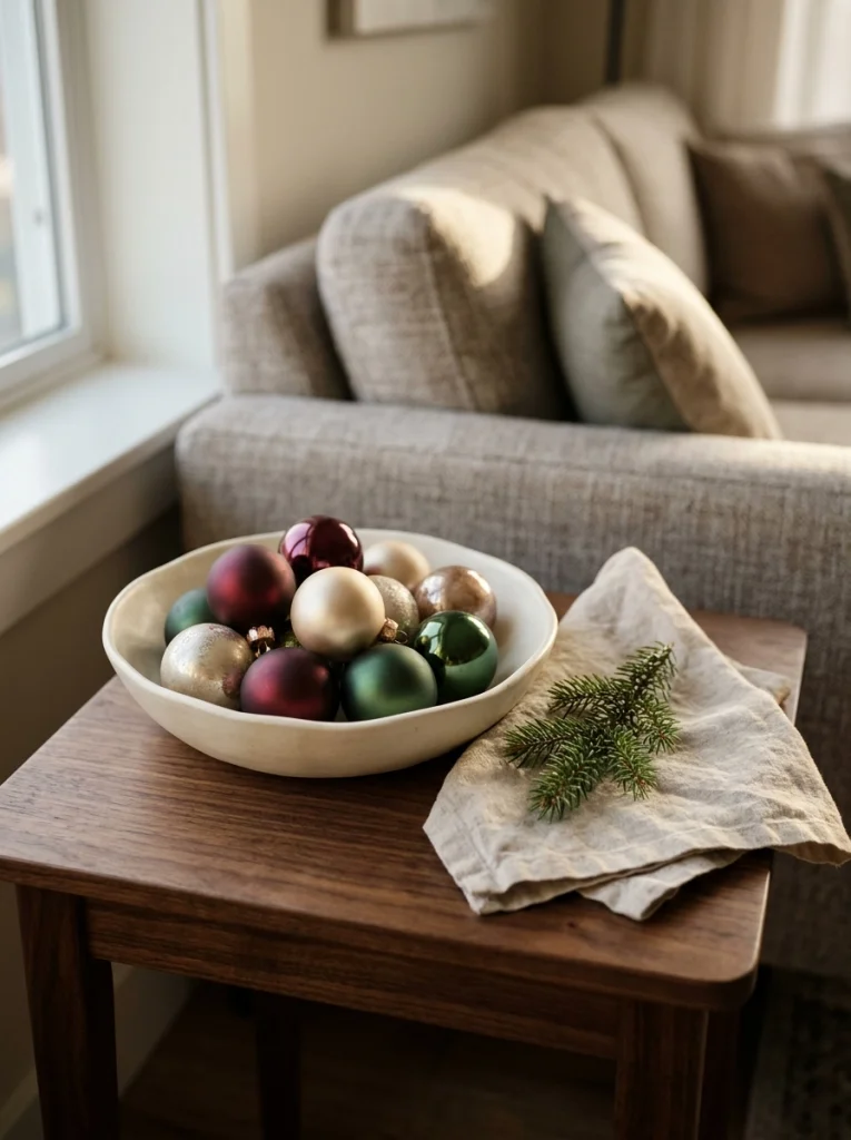 A bowl of colorful Christmas ornaments creates an easy seasonal display for apartment side tables.