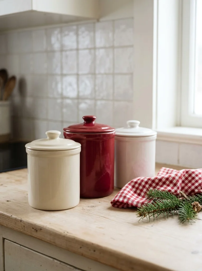 Red and white ceramic canisters styled with evergreen greenery for traditional Christmas kitchen decor.
