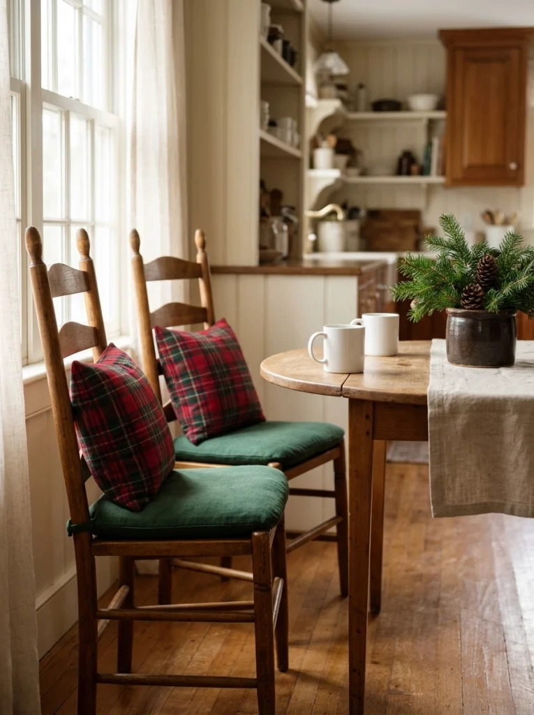 Christmas kitchen seating with green cushions, red plaid pillows, and simple holiday table decor.