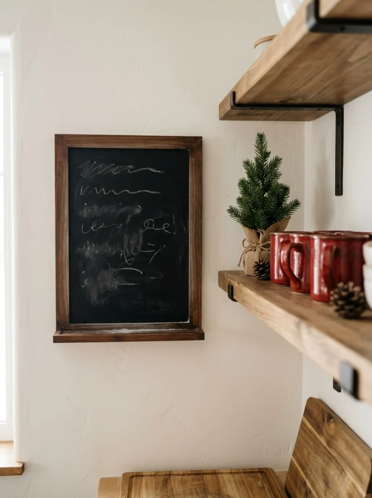 Framed black chalkboard adding a farmhouse Christmas accent to a kitchen wall.