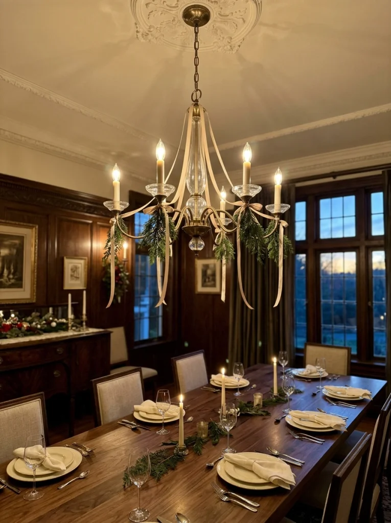  A Christmas dining room chandelier with subtle evergreen and champagne ribbon accents.