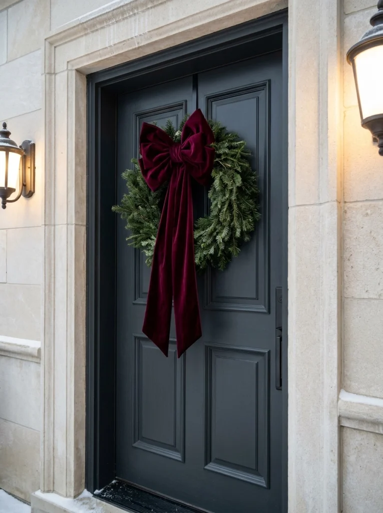 An oversized burgundy velvet bow creating a high-end Christmas front door display.