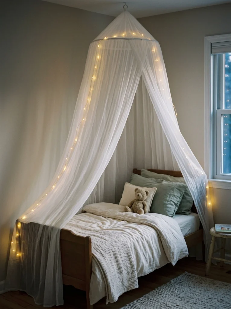 A child's Christmas bedroom with a sheer canopy and soft warm-white decorative lights.
