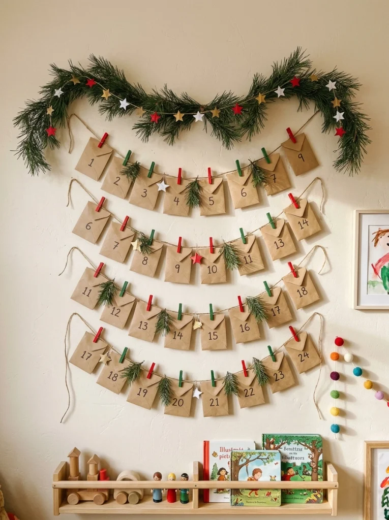 A handmade Christmas countdown calendar displayed on a child's bedroom wall.