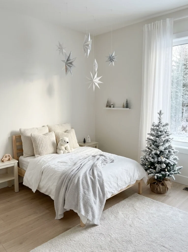 A snowy winter wonderland bedroom with white Christmas bedding, silver stars, and a flocked tree.