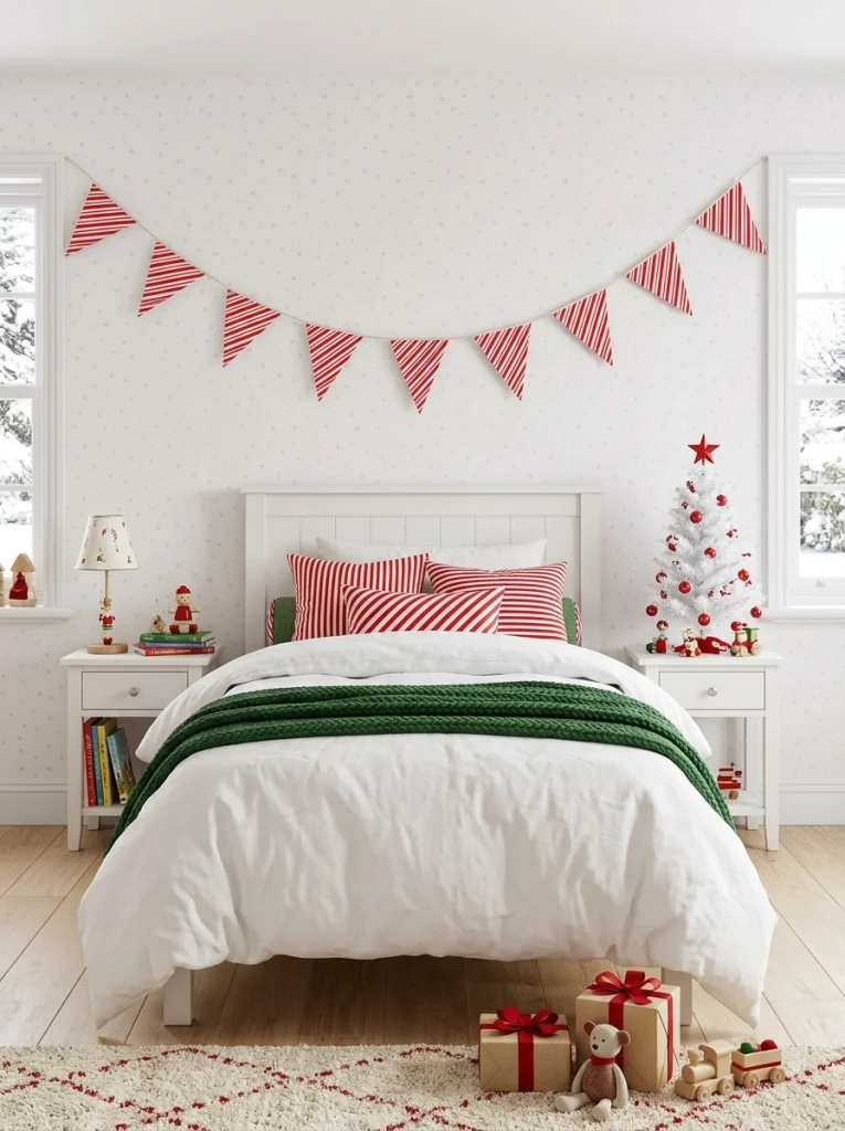 Red and white candy cane Christmas bedroom decor with striped pillows and festive bunting.